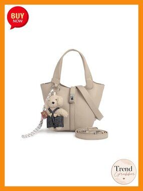 Faux Leather Bucket Handbag with Top Handle Detachable Strap Teddy Bear Charm